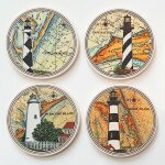 Set of 4 Lighthouses: Ocracoke, Hatteras, Bodie & Cape Lookout. Set includes box perfect for gift giving! Absorbent stone coasters are approx 4" round and have cork backing.