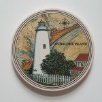 Coasterstone featuring the Ocracoke Lighthouse, Cork backing and absorbant, approx 4" in diameter