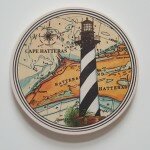 Coasterstone featuring the Hatteras Lighthouse, Cork backing and absorbant, approx 4" in diameter