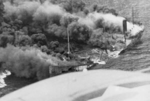 The Dixie Arrow Burning Tanker from a U-Boat torpedo in 1942